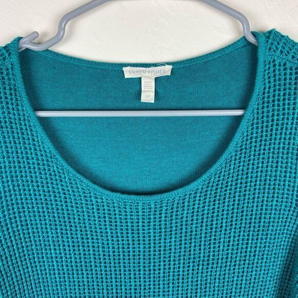 Eileen Fisher Organic Linen Asymmetrical Knit Sweater - Teal Green - Picture 7 of 7